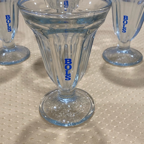 VTG Footed Parfait ice cream Sunday Glass Dishes - Set of 4. says BOLS on them.